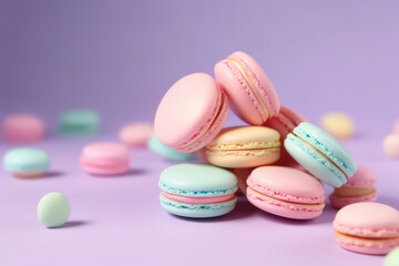 Obraz na płótnie Canvas Delicious macaroons on a pastel purple background with copy space. Minimal Creative macaroon template for dessert banner, candy store. Generative AI professional photo imitation.