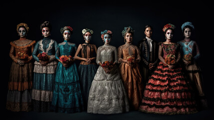 A group of women dressed up in costumes. AI generative. Day of the Dead picturesque display