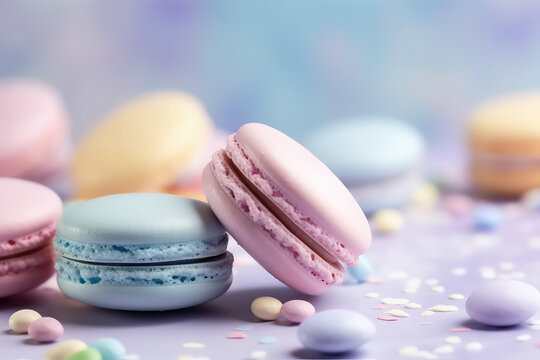 Delicious colorfull macaroons on a pastel blue background with copy space. Creative macaroon template for dessert banner, candy store. Generative AI professional photo imitation.