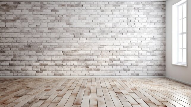 white bricks wall and wood floor - empty room with floor - empty room with wall and floor, Generative AI