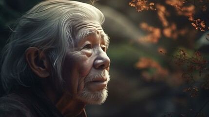 A wise and serene elder with silver hair and sparkling eyes, surrounded by the beauty of nature. Generative AI
