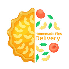 Homemade pies delivery poster design. Open apple pie. Hand drawn baking cakes. Sweet bakery banner. Dessert ready to eat. Top view. Great for web, invitation, cafe or restaurant menu, recipe, banner
