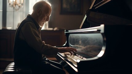 An older man playing a beautiful melody on a grand piano, lost in the music. Generative AI - obrazy, fototapety, plakaty