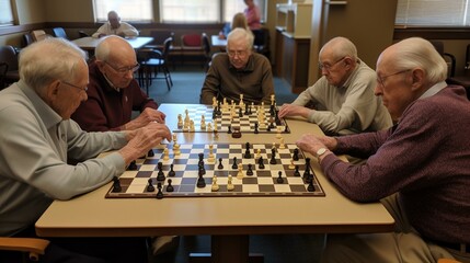 A group of seniors gathered together for a game of chess, enjoying each other's company and sharp minds. Generative AI - obrazy, fototapety, plakaty