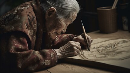 Fototapeta na wymiar An elder artist creating a beautiful masterpiece with steady hands and a sharp mind. Generative AI