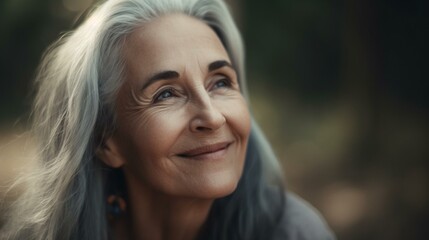 Naklejka premium A beautiful older woman with a serene smile, enjoying a moment of peace and tranquility. Generative AI