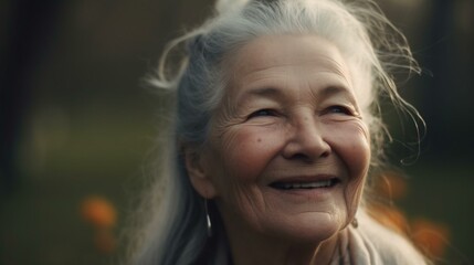A beautiful older woman with a serene smile, enjoying a moment of peace and tranquility. Generative AI