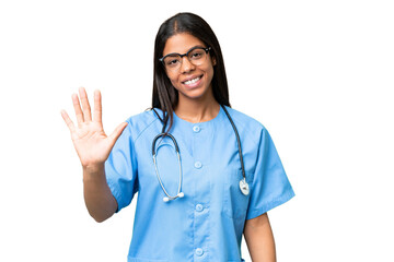 Young African american nurse woman over isolated background counting five with fingers