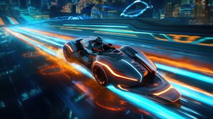Fototapeta premium Illustrate a high - octane futuristic racing scene, featuring sleek hovercraft or hyper - fast vehicles speeding through neon - lit tracks with twists, turns, and challenging obstacles