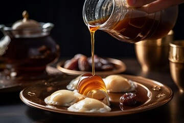 date syrup being poured over traditional Middle Eastern desserts - obrazy, fototapety, plakaty