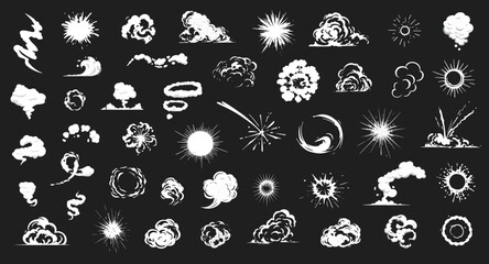 Explosion, burst fire effect of exploded dynamite or nuclear bombs with energy flashes, dust splashes and smoke clouds cartoon collection. Vector illustration - obrazy, fototapety, plakaty