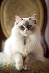 Fototapeta na wymiar A white cat with blue eyes sitting on a chair. Generative AI.