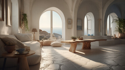 Limestone living room filled with furniture and large windows. Generative AI. 