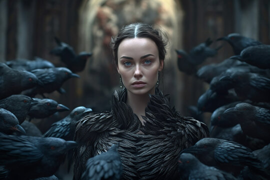 Fantasy portrait of a beautiful young woman playing a heroine surrounded by crow like birds in a sword and sorcery theme.