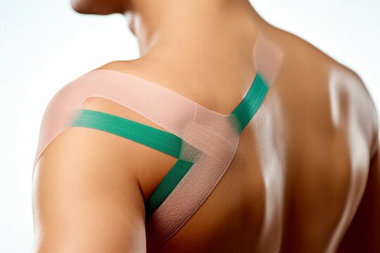 A person with kinesiological tapping strips on his back, physiotherapist treatment. Ai generated.