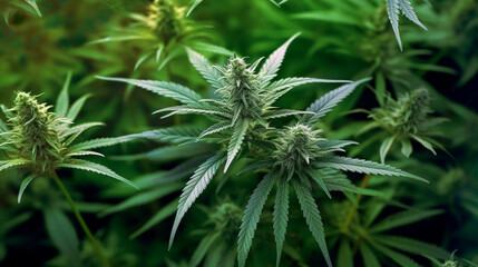 Cannabis plant juana leaves, cannabis indica, background green, cultivation cannabis.