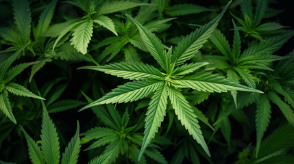 Naklejka na ściany i meble Cannabis leaf background. Marijuana cultivation in the home. Legal marijuana cultivation in the home. Growing cannabis indica.