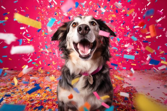 Festive and playful, a dog revels in the joyous celebration, surrounded by colorful flying confetti. Ai generated.