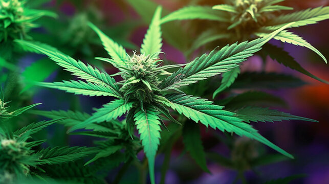 Cannabis sativa medical use. Indoor cultivation.Legal marijuana cultivation in the home. Green background of leaves. Cannabis flower bud.