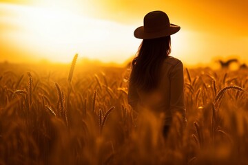 Silhouette of a young woman in a hat who walks at sunset among the grasses of the cereal field. Ai generated.