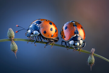 Two ladybirds on a twig. Macro nature. AI Generative