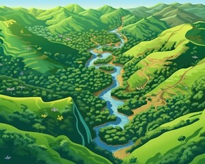 Lush green hills backed by blue water. Generative AI