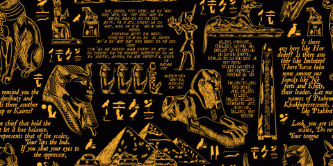 Beautiful ancient egypt elements golden figures seamless pattern with black background