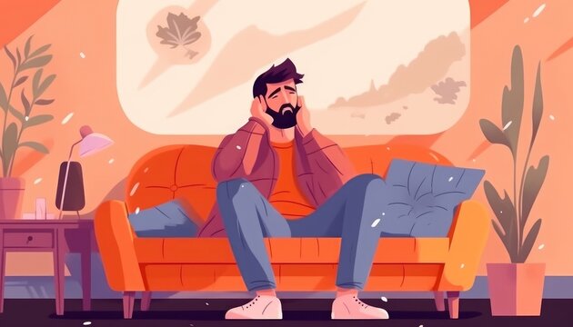 A worried man with mental health issues sat on a couch. (Generative AI)