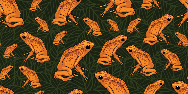Colombian golden poison frog seamless pattern with leaves background seamless pattern