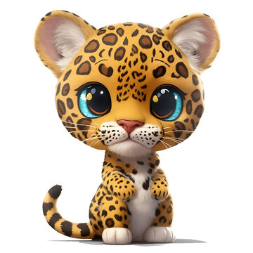 3D cute little leopard cartoon PNG image. Generative AI.