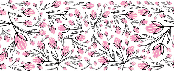Obraz premium Pink vibrant floral seamless border, bright frame with pink tulip flowers
