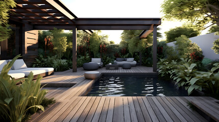 Explore the Luxurious Realm of an Outdoor Garden Oasis: Uniting a Teak Hardwood Deck with an Elegant Black Pergola