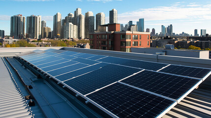 Illustration of a photovoltaic elements integrated an a roof of a building in an north american...