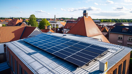 Illustration of a photovoltaic elements integrated an a roof of a building in an north european city, sustainable green engergy, ai-generatet