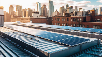 Plakat Illustration of a photovoltaic elements integrated an a roof of a building in an north american mega city, sustainable green engergy, ai-generatet