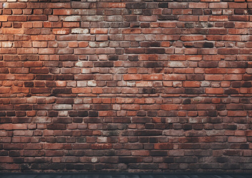 Fototapeta Red brick wall. Texture of old dark brown and red brick wall panoramic backgorund. Generative ai