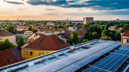 Illustration of a photovoltaic elements integrated an a roof of a building in an european city, sustainable green engergy, ai-generatet