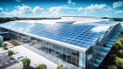 Illustration of a photovoltaic elements integrated in a futuristic building with glas an steet, sutstaiable green engergy, ai-generatet