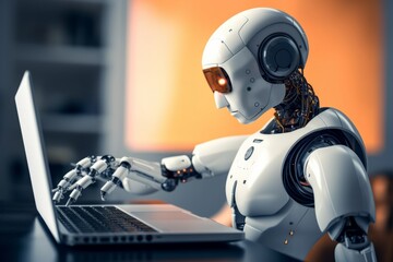 Charming Humanoid Robot Engaged in Laptop Work, Generative AI.