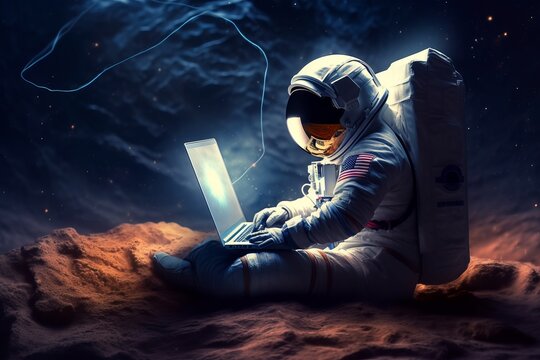 Space Explorer Engages with Technology: Astronaut Working on Laptop, Generative AI.