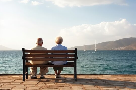 Title: Loving elderly couple sitting on a bench facing the sea. 