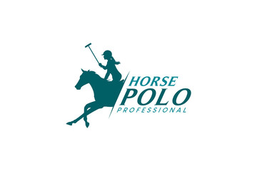Horse polo sport logo with silhouette of a woman riding a running horse