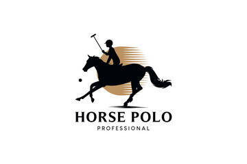 Horse polo sport logo with silhouette of a male person riding a running horse