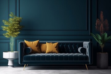 A Cozy Modern Living Room with a Sofa Against a Dark Blue Wall., Generative AI.