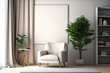 Living Room Interior Mockup Featuring a White Chair, Carpet, Lamp, Coffee Table, Bookshelf, Plant, Curtain, and Vertical Poster on a Blank Wall., Generative AI.