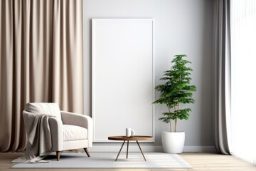 Living Room Interior Mockup Featuring a White Chair, Carpet, Lamp, Coffee Table, Bookshelf, Plant, Curtain, and Vertical Poster on a Blank Wall., Generative AI.