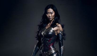 Fototapeta na wymiar Beautiful asian woman wearing superhero costume. Powerful amazon warrior princess with metal armor. Generative AI