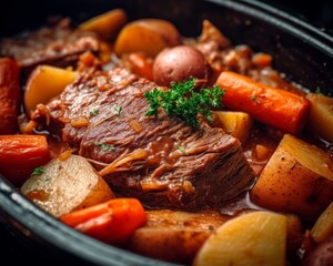 beef pot roast with potatoes, carrots, and onions in a slow cooker