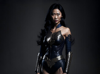Fototapeta na wymiar Beautiful asian woman wearing superhero costume. Powerful amazon warrior princess with metal armor. 
