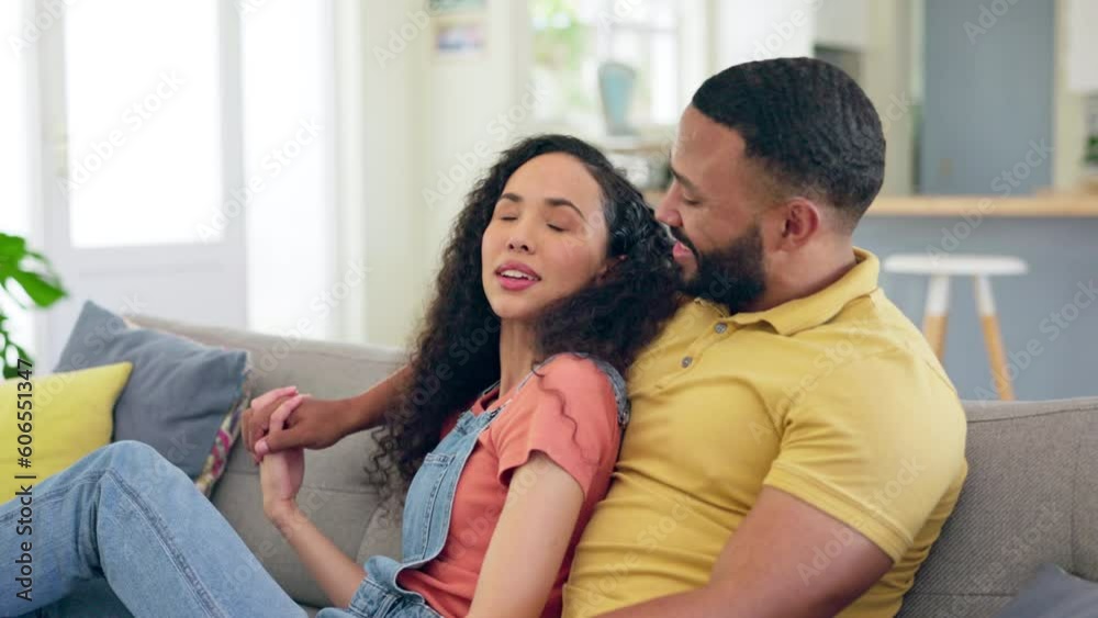 Sticker Love, smile and couple on a couch, talking and bonding at home, quality time and relax together. Partners, man and woman on a sofa, happiness and communication in the living room, chatting and humor